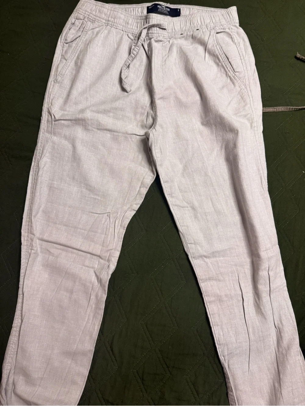 Hollister Men's Light Gray Drawstring Linen-Blend Chinos